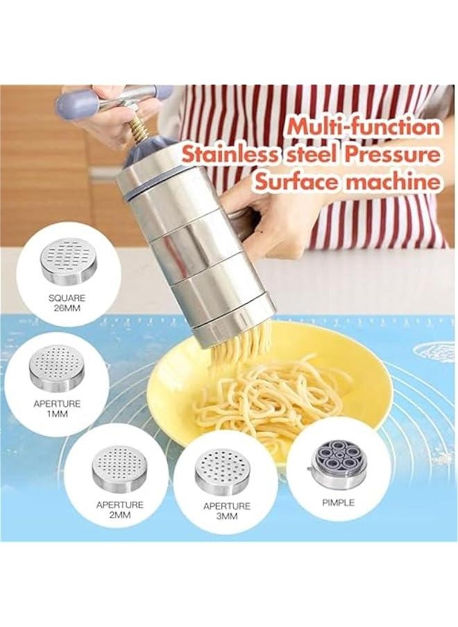 Pasta Maker, Noodle Maker with 5 Mould, Manual Pasta Maker Machine Pasta Gun Noodle Press Spaghetti Maker Pasta Tools, Stainless Steel Pasta Machine Ramen Noodle Maker