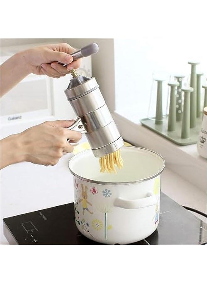 Pasta Maker, Noodle Maker with 5 Mould, Manual Pasta Maker Machine Pasta Gun Noodle Press Spaghetti Maker Pasta Tools, Stainless Steel Pasta Machine Ramen Noodle Maker