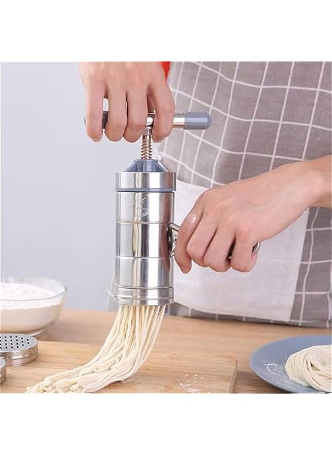 Pasta Maker, Noodle Maker with 5 Mould, Manual Pasta Maker Machine Pasta Gun Noodle Press Spaghetti Maker Pasta Tools, Stainless Steel Pasta Machine Ramen Noodle Maker