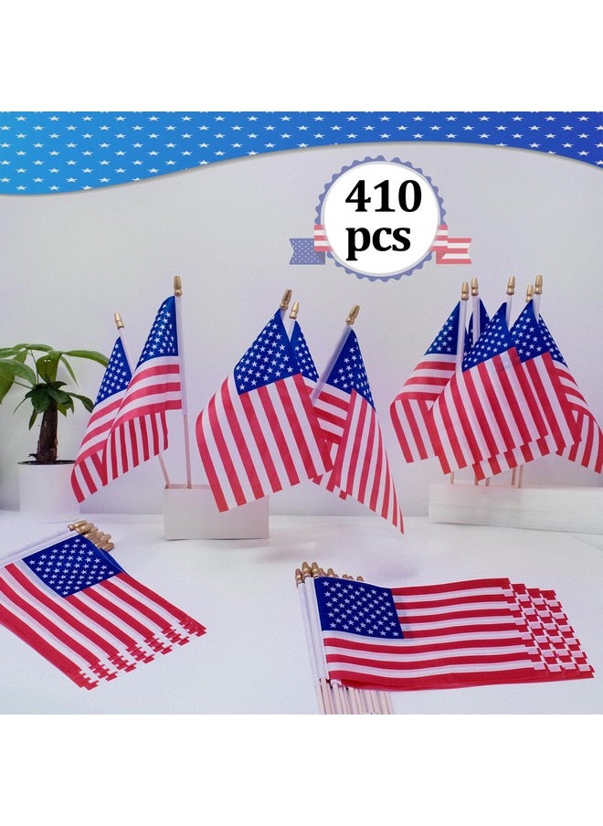 410 Pcs Small American Flags On Stick - 5X8 Inch Mini American Flags With Safety Spear Tip - Bulk Solid Wooden Pole Handheld Us Flag For Parades Independence Day Memorial Day 4Th Of July Decorations