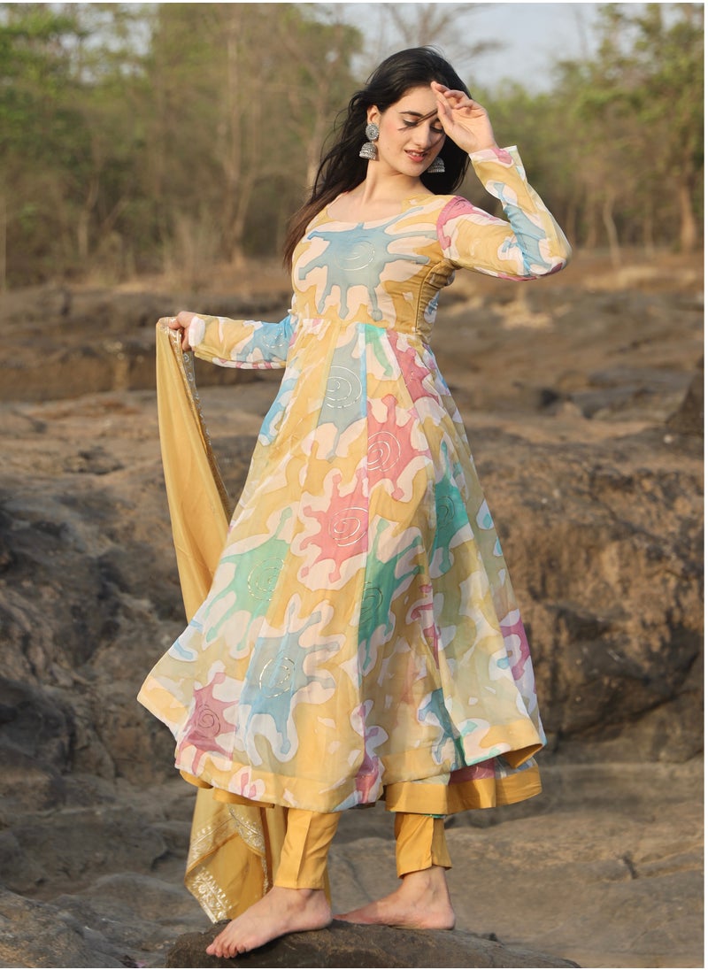 HANDPRINT PREMIUM READYMADE MULTI COLOUR ANARKALI SUIT SET