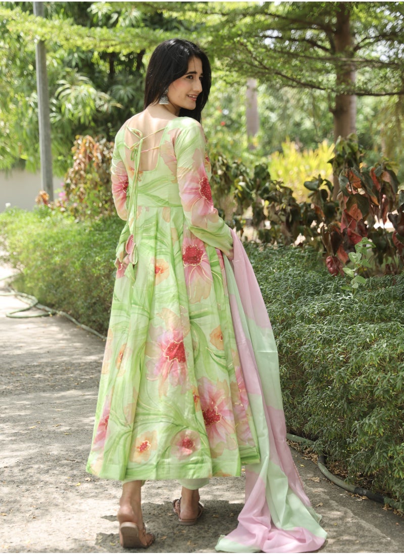 HANDPRINT PREMIUM READY TO WEAR GREEN ANARKALI SUIT SET