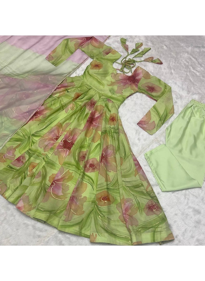 HANDPRINT PREMIUM READY TO WEAR GREEN ANARKALI SUIT SET