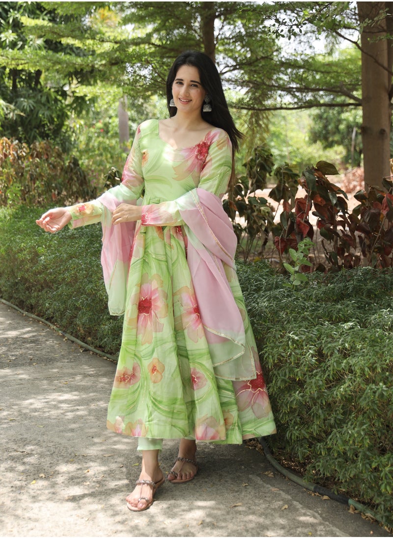 HANDPRINT PREMIUM READY TO WEAR GREEN ANARKALI SUIT SET