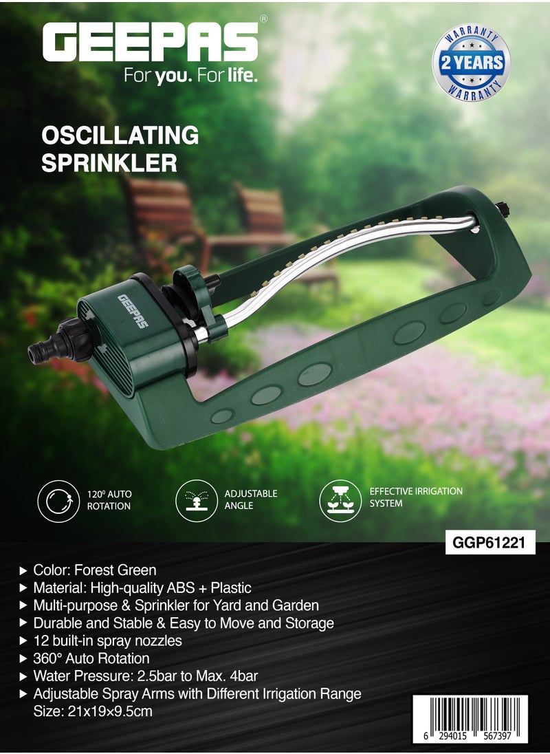 Oscillating Sprinkler Auto 120-Degree Rotation| 15 Built-in Spray Nozzles, 4 Modes Spraying, for Irrigation, Watering Agricultural Crops | Adjustable Angle| 2 Years Warranty GGP61221 Forest Green