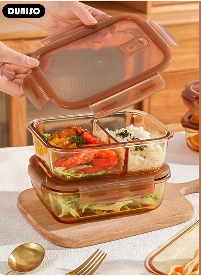 2 PCS Glass Lunch Box with Tableware, Leak-Proof Bento-Style Food Container with Airtight Lid and Divided, Reusable Airtight Food Storage Box with Lunch Bag, Food Storage Containers for Adults Kids Teens, Glass Meal Prep Containers for Storage/Food Container/Bento Lunch Box