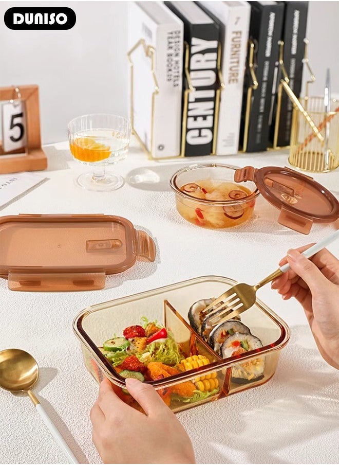 2 PCS Glass Lunch Box with Tableware, Leak-Proof Bento-Style Food Container with Airtight Lid and Divided, Reusable Airtight Food Storage Box with Lunch Bag, Food Storage Containers for Adults Kids Teens, Glass Meal Prep Containers for Storage/Food Container/Bento Lunch Box