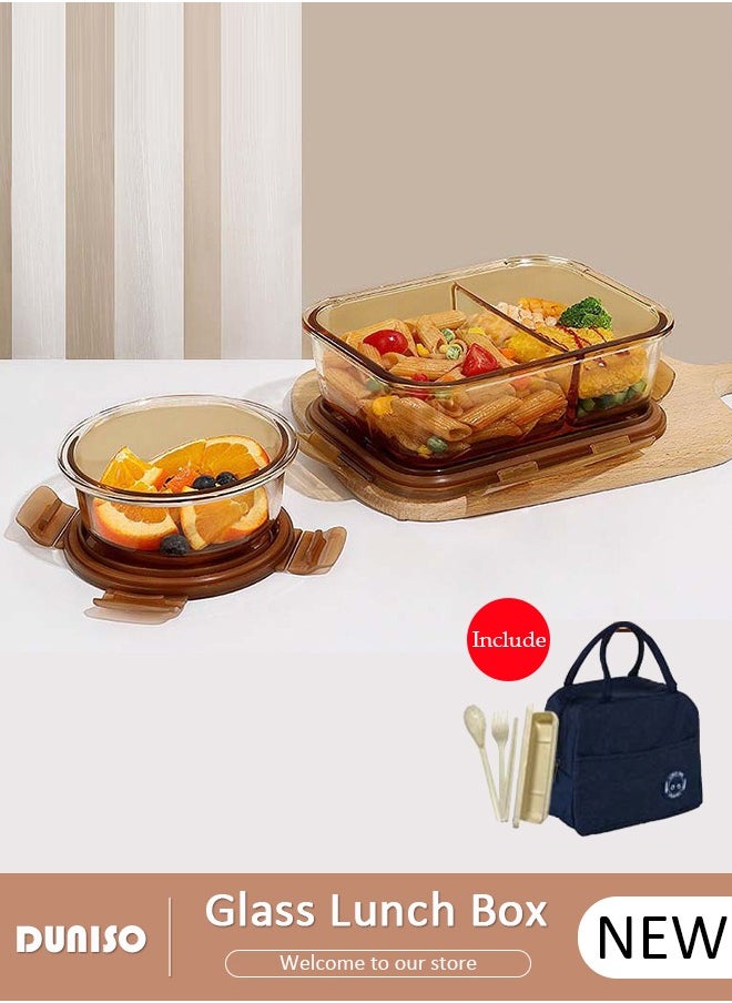 2 PCS Glass Lunch Box with Tableware, Leak-Proof Bento-Style Food Container with Airtight Lid and Divided, Reusable Airtight Food Storage Box with Lunch Bag, Food Storage Containers for Adults Kids Teens, Glass Meal Prep Containers for Storage/Food Container/Bento Lunch Box