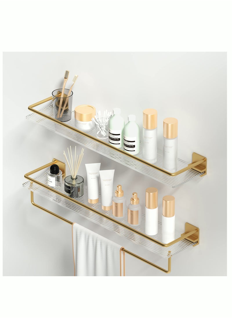 Acrylic Floating Shelves Wall Mounted Hanging Shelves with Golden Towel Rack Decorative Storage Shelves for Bathroom Kitchen Living Room & Bedroom- Set of 2