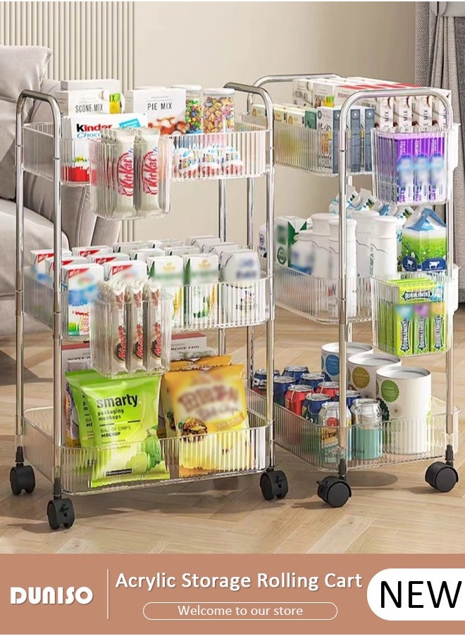 3-Tier Rolling Cart with Wheels, Rolling Storage Cart with Handle and Small Storage Basket, Multifunction Storage Trolley, Service Cart, Utility Shelves Cart for Living Room Kitchen Bathroom Office