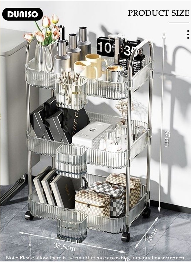 3-Tier Rolling Cart with Wheels, Rolling Storage Cart with Handle and Small Storage Basket, Multifunction Storage Trolley, Service Cart, Utility Shelves Cart for Living Room Kitchen Bathroom Office