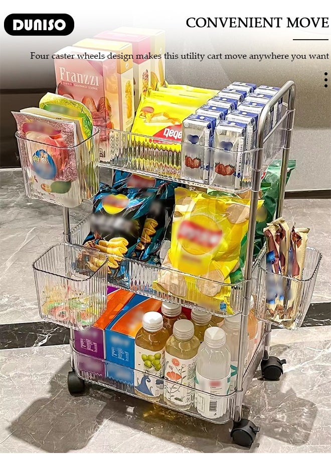 3-Tier Rolling Cart with Wheels, Rolling Storage Cart with Handle and Small Storage Basket, Multifunction Storage Trolley, Service Cart, Utility Shelves Cart for Living Room Kitchen Bathroom Office