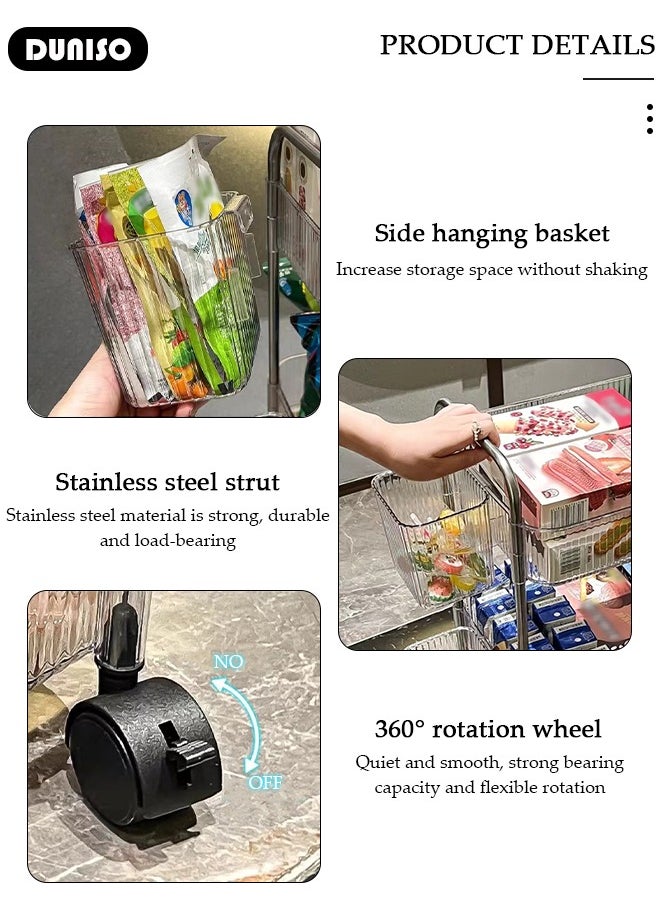 3-Tier Rolling Cart with Wheels, Rolling Storage Cart with Handle and Small Storage Basket, Multifunction Storage Trolley, Service Cart, Utility Shelves Cart for Living Room Kitchen Bathroom Office