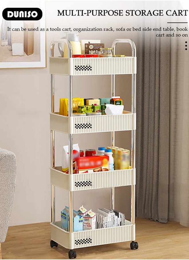 4-Tier Rolling Cart with Wheels, Rolling Storage Cart with Handle and Small Storage Basket, Multifunction Storage Trolley, Service Cart, Utility Shelves Cart for Living Room Kitchen Bathroom Office