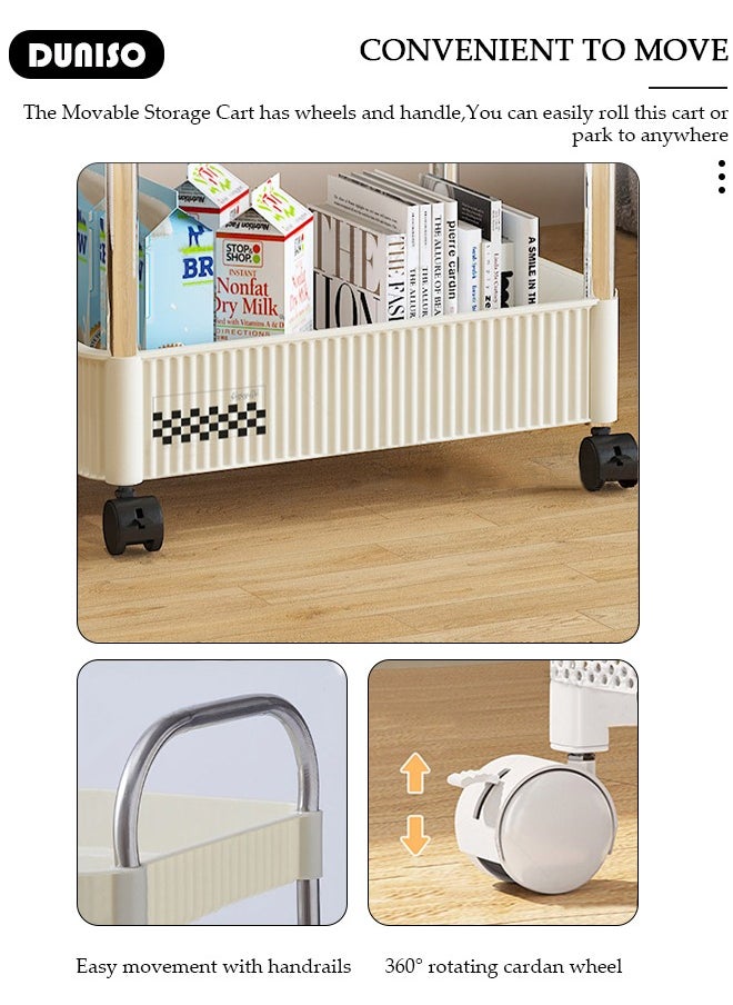 4-Tier Rolling Cart with Wheels, Rolling Storage Cart with Handle and Small Storage Basket, Multifunction Storage Trolley, Service Cart, Utility Shelves Cart for Living Room Kitchen Bathroom Office