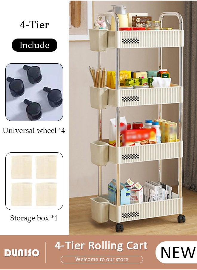 4-Tier Rolling Cart with Wheels, Rolling Storage Cart with Handle and Small Storage Basket, Multifunction Storage Trolley, Service Cart, Utility Shelves Cart for Living Room Kitchen Bathroom Office