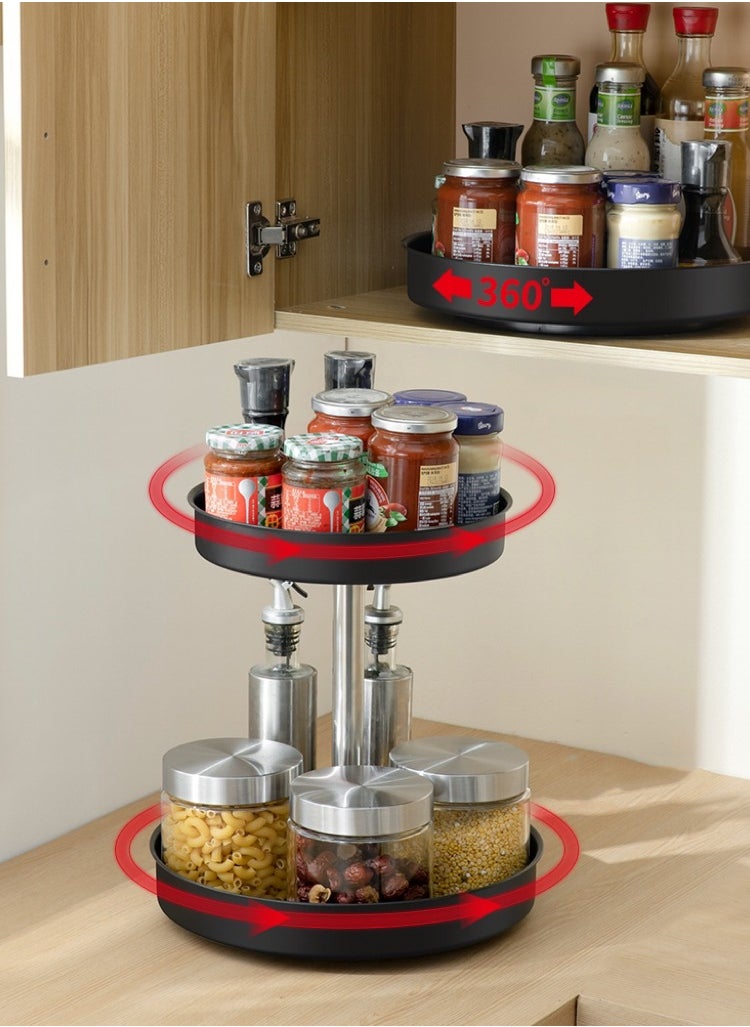 Multi functional rotatable seasoning rack with thickened storage rack, suitable for kitchen, bathroom, and dressing table, double-layer black