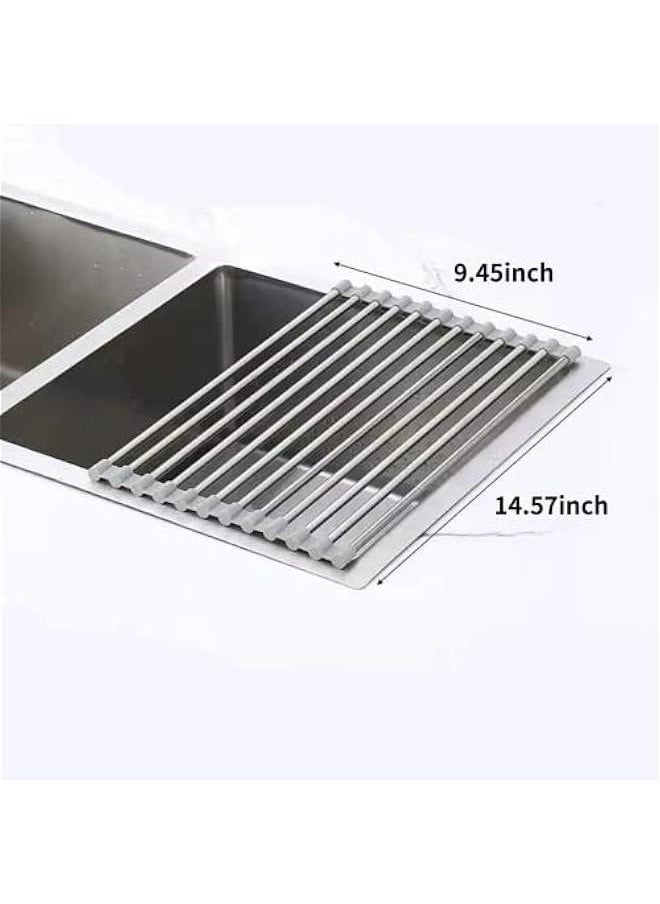 Roll Up Dish Drying Rack, Sink Drying Rack Over Sink Dish Drying Rack Stainless Steel Foldable Drain Rack for Kitchen Sink Counter Utensils Vegetables and Fruits (Grey short tube,12 tubes)