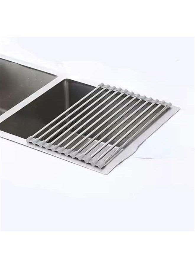 Roll Up Dish Drying Rack, Sink Drying Rack Over Sink Dish Drying Rack Stainless Steel Foldable Drain Rack for Kitchen Sink Counter Utensils Vegetables and Fruits (Grey short tube,12 tubes)