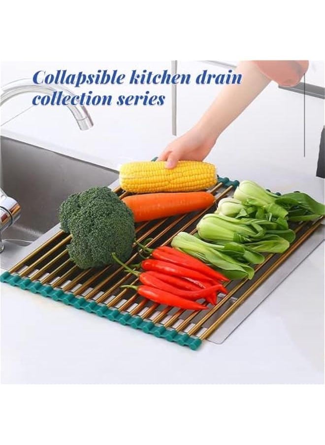 Roll Up Dish Drying Rack, Sink Drying Rack Over Sink Dish Drying Rack Stainless Steel Foldable Drain Rack for Kitchen Sink Counter Utensils Vegetables and Fruits (Grey short tube,12 tubes)