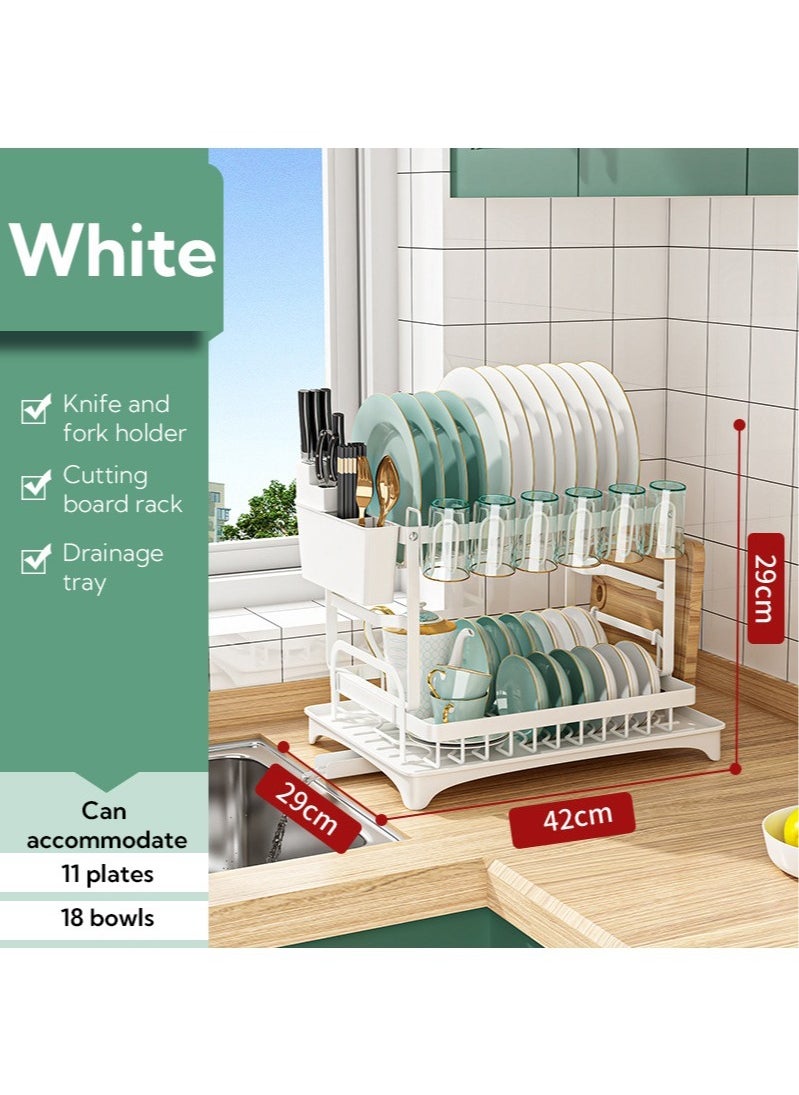 2 Tier Foldable Dish Drying Rack with Utensil Holder & Cutting Board Holder & Drainboard Tray, Rotatable Drainage System Scratch Resistant Frosted Baking Process Coatings, Large White HD-ZWJ60