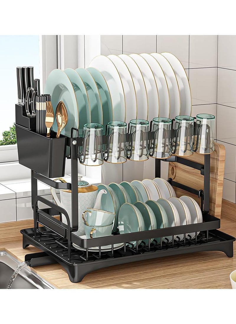 Dish Drying Rack 2 Tier Dish Rack drying rack kitchen Large Double Stainless Steel Dish Rack Foldable Rustproof Dish Rack Dish Drainer 49x29x29 cm - Black