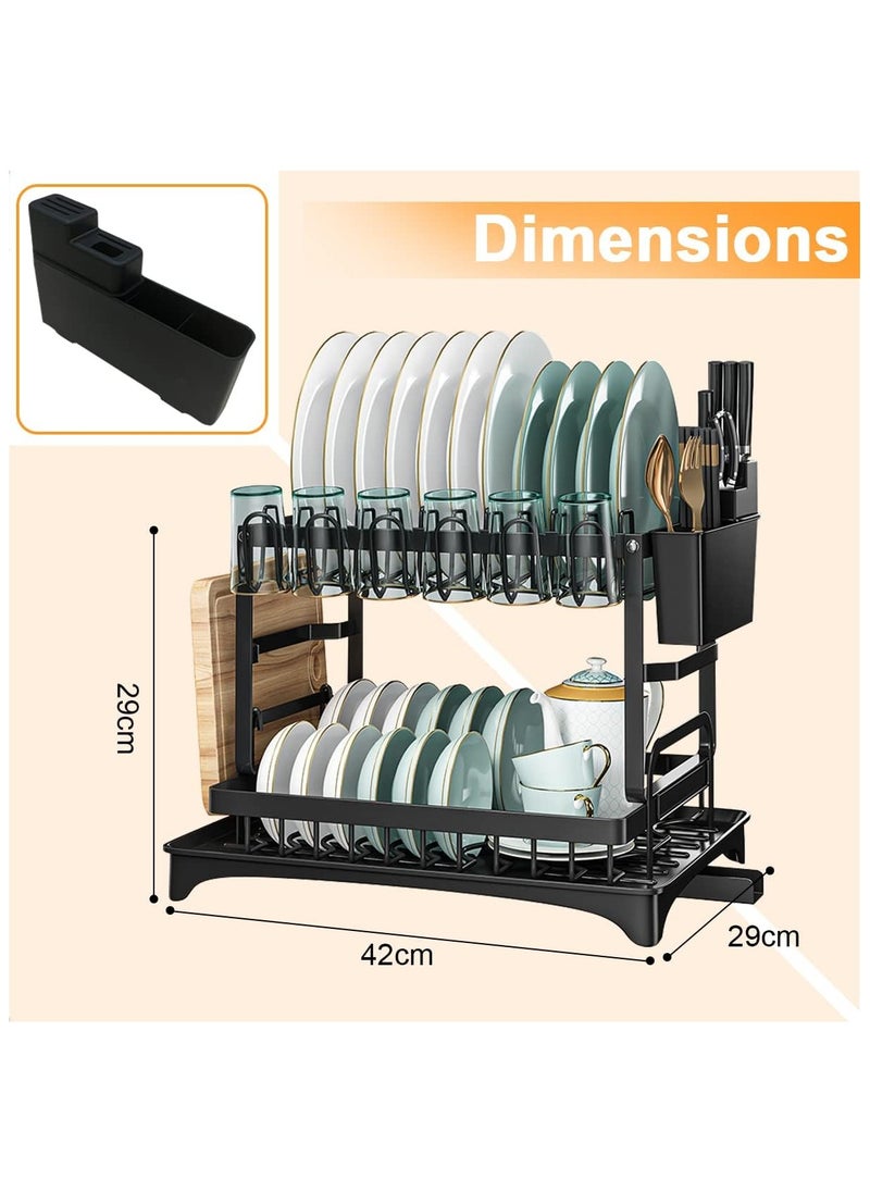 Dish Drying Rack 2 Tier Dish Rack drying rack kitchen Large Double Stainless Steel Dish Rack Foldable Rustproof Dish Rack Dish Drainer 49x29x29 cm - Black