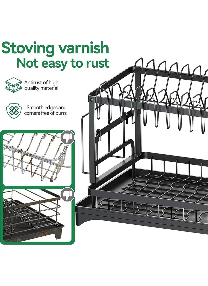 Dish Drying Rack 2 Tier Dish Rack drying rack kitchen Large Double Stainless Steel Dish Rack Foldable Rustproof Dish Rack Dish Drainer 49x29x29 cm - Black