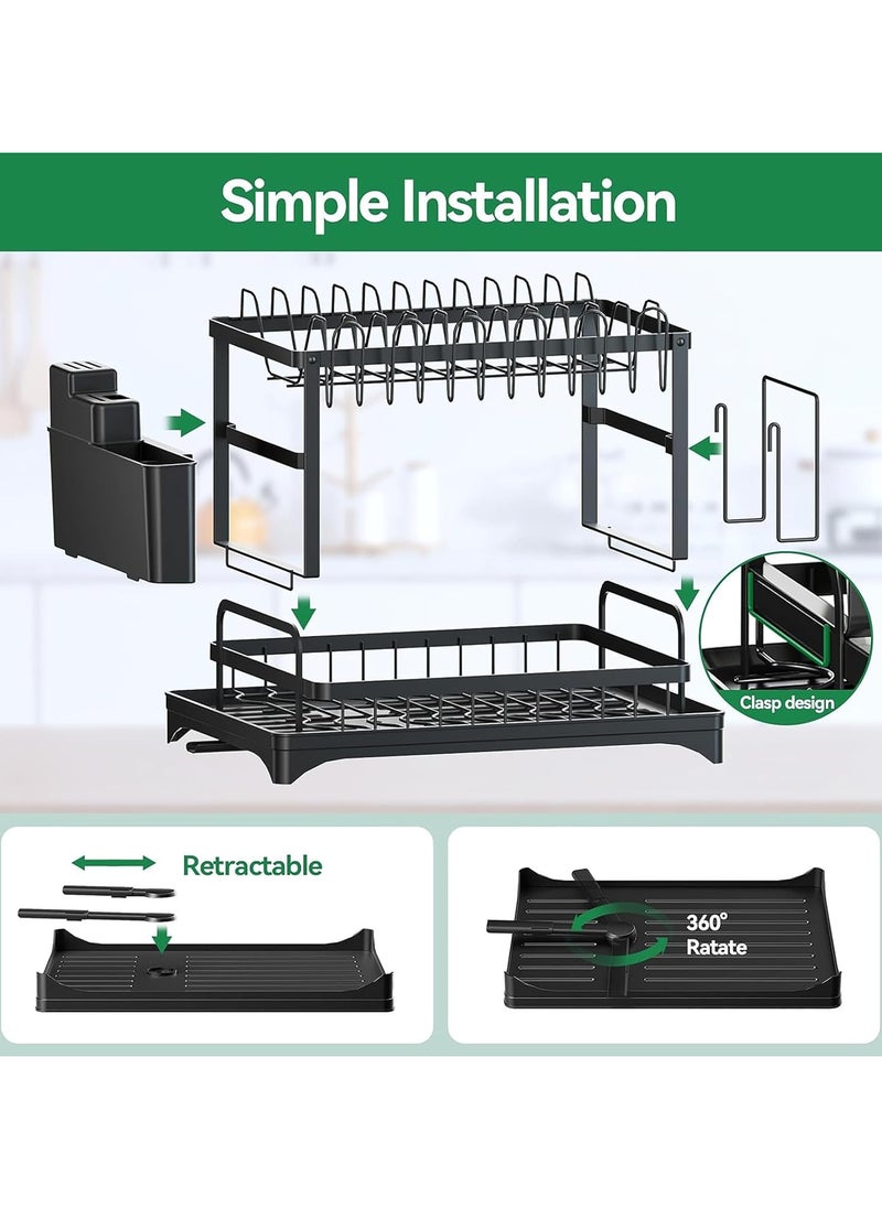 Dish Drying Rack 2 Tier Dish Rack drying rack kitchen Large Double Stainless Steel Dish Rack Foldable Rustproof Dish Rack Dish Drainer 49x29x29 cm - Black