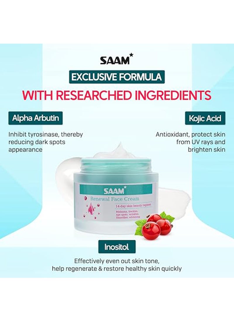 SAAM Renewal Face Cream | Melasma, Freckles, Age Spots & Dark Spots | With Alpha Arbutin and Kojic Acid | 50g