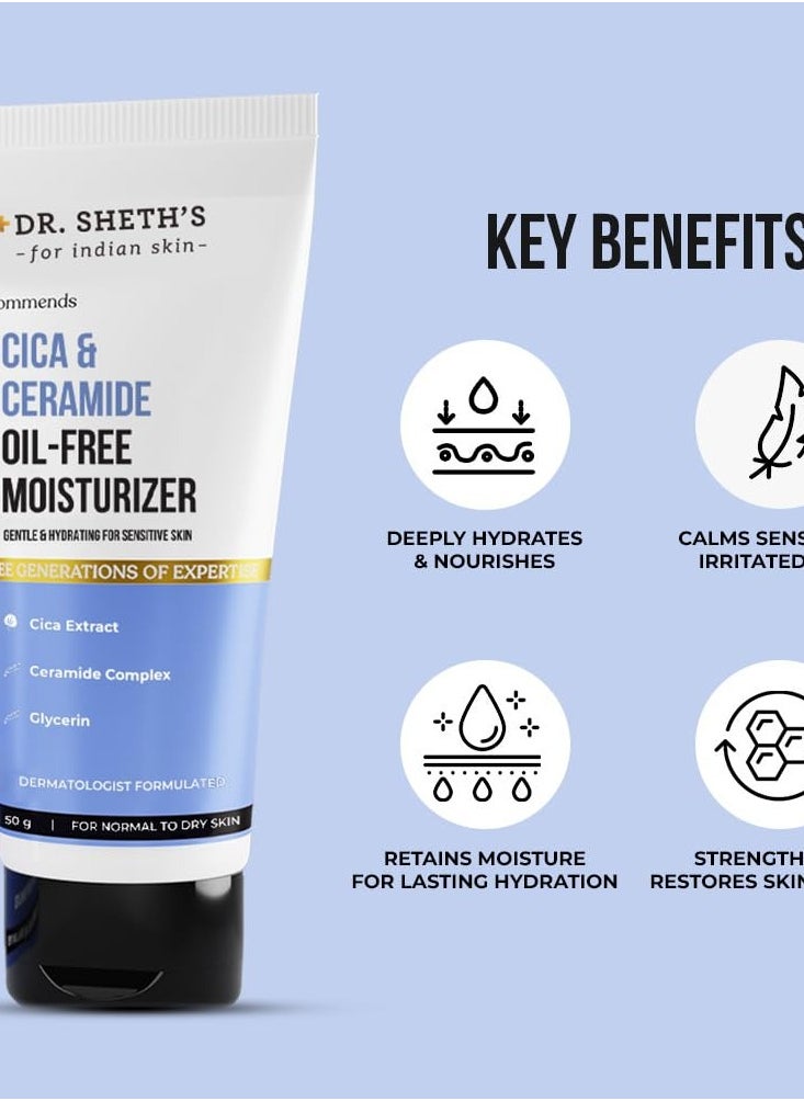 Dr. Sheth's Cica & Ceramide Oil-Free Moisturizer | Barrier Repairing & Hydrating | Lightweight Moisturiser |For Men & Women | 50g