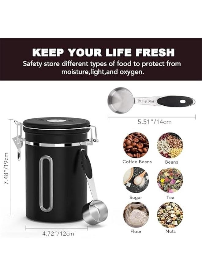 Durku 1800ML Airtight Coffee Canister with Date Tracker Transparent Window, 22OZ Coffe Beans Storage with 30ML Measure Spoon, Kitchen Food Storage Container for Grounds Coffee,Beans&Tea (Black)