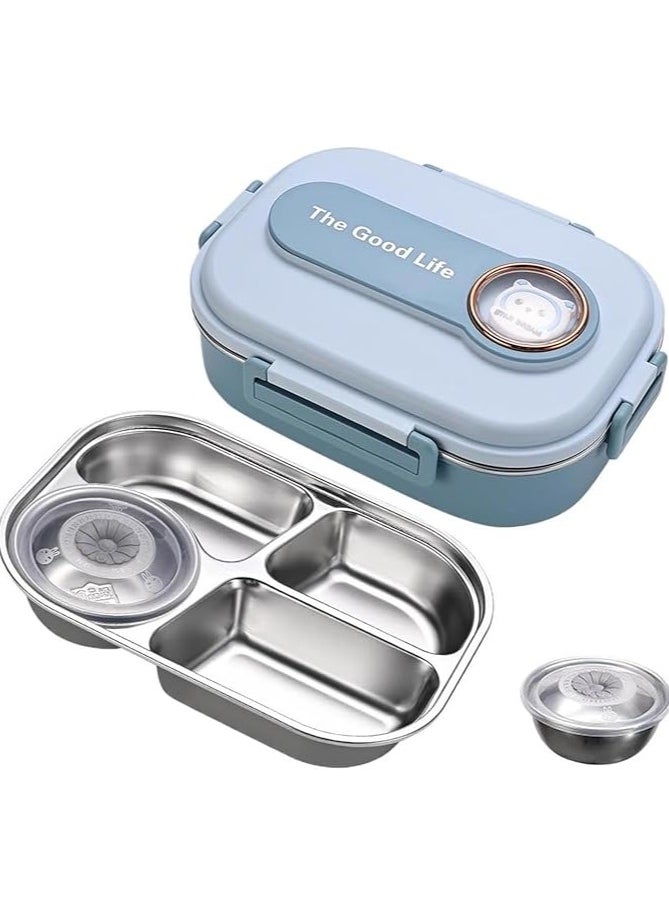 Stainless Steel Lunch Box for Kid School, Insulated Bento Lunch Box, 4 Compartment Divided Lunch Containers with Lids, Leakproof | BFA Free | Dishwasher Safe (Bear Blue)