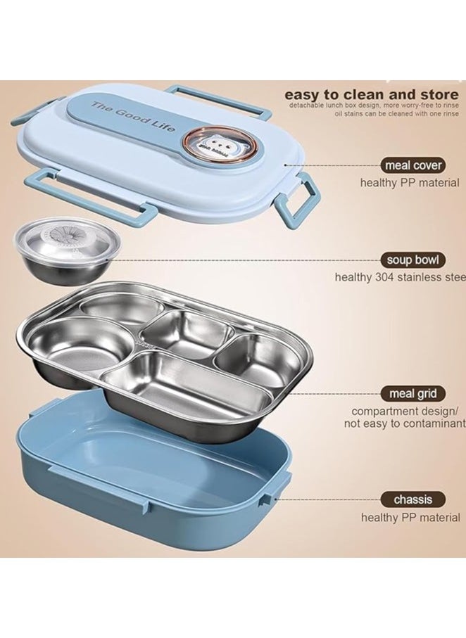 Stainless Steel Lunch Box for Kid School, Insulated Bento Lunch Box, 4 Compartment Divided Lunch Containers with Lids, Leakproof | BFA Free | Dishwasher Safe (Bear Blue)