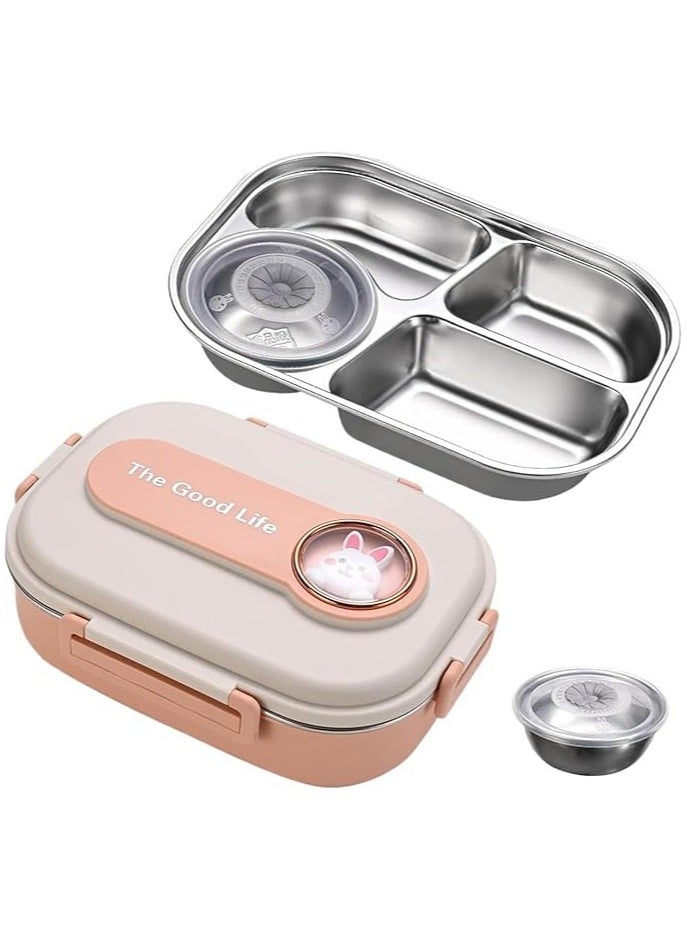 Stainless Steel Lunch Box for Kid School, Insulated Bento Lunch Box, 4 Compartment Divided Lunch Containers with Lids, Leakproof | BFA Free | Dishwasher Safe (Rabbit Pink)