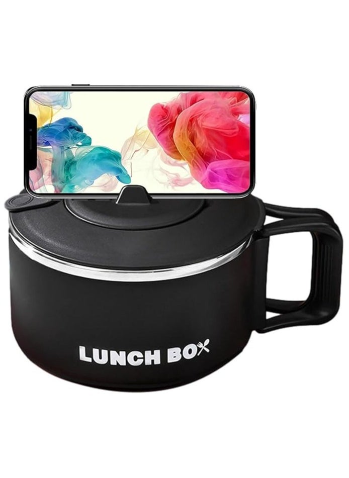 Stainless Steel Lunch Box for Kid School, Insulated Bento Lunch Box, Lunch Containers with Lids Foldable Handle, Leakproof | BFA Free | Dishwasher Safe (Round Black)