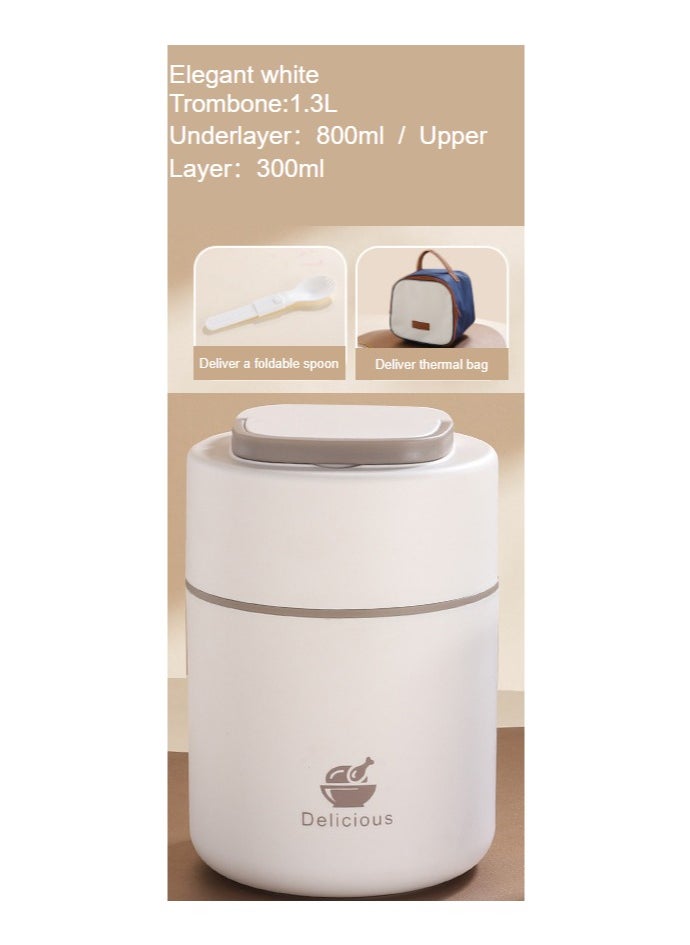 304 stainless steel, food storage box, lunch box, suitable for office work, can be heated in a microwave, portable and convenient for breakfast and lunch, multifunctional, clean, beautiful, hygienic, washable, airtight, no smell - milky white + thermal bag + folding spoon