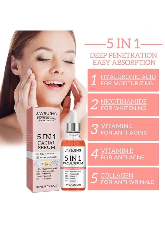 5 In 1 Facial Serum,With Hyaluronic, Acid Niacinamide,Vitarmin C and E, Collagen, For Moisturizing Brightening Face Serum Anti-Aging Facial Serum For Dark Spots, Fine Lines And Wrinkles Smooth Skin