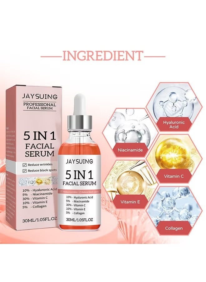 5 In 1 Facial Serum,With Hyaluronic, Acid Niacinamide,Vitarmin C and E, Collagen, For Moisturizing Brightening Face Serum Anti-Aging Facial Serum For Dark Spots, Fine Lines And Wrinkles Smooth Skin