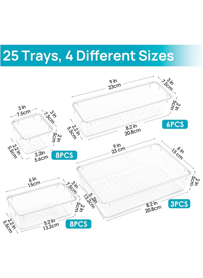 25pcs Clear Plastic Drawer Organizers, Featuring 4 Versatile Sizes for Bathroom, Vanity, Makeup Storage, Bedroom Accessories, Kitchen Utensils, and Office Supplies