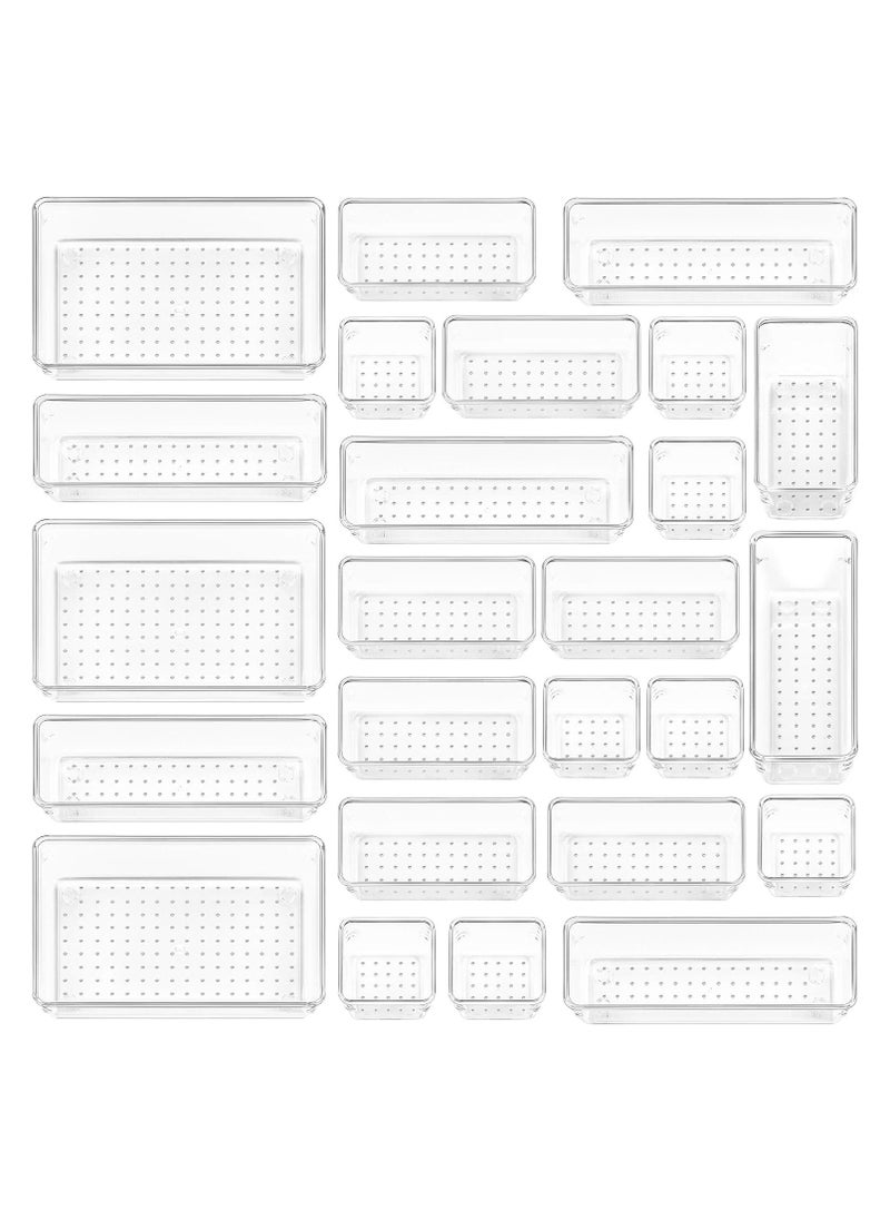 25pcs Clear Plastic Drawer Organizers, Featuring 4 Versatile Sizes for Bathroom, Vanity, Makeup Storage, Bedroom Accessories, Kitchen Utensils, and Office Supplies