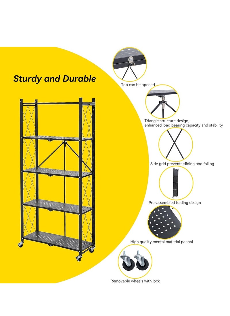 5 Tier Foldable Storage Shelves with Wheels, Large Capacity Shelving Unit, Freestanding Metal Wire Shelf Rack, No Assembly Organizer Rack for Garage Kitchen, Basement, Pantry(Black)