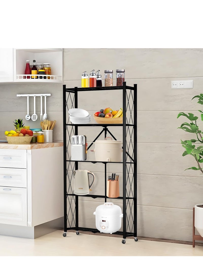 5 Tier Foldable Storage Shelves with Wheels, Large Capacity Shelving Unit, Freestanding Metal Wire Shelf Rack, No Assembly Organizer Rack for Garage Kitchen, Basement, Pantry(Black)