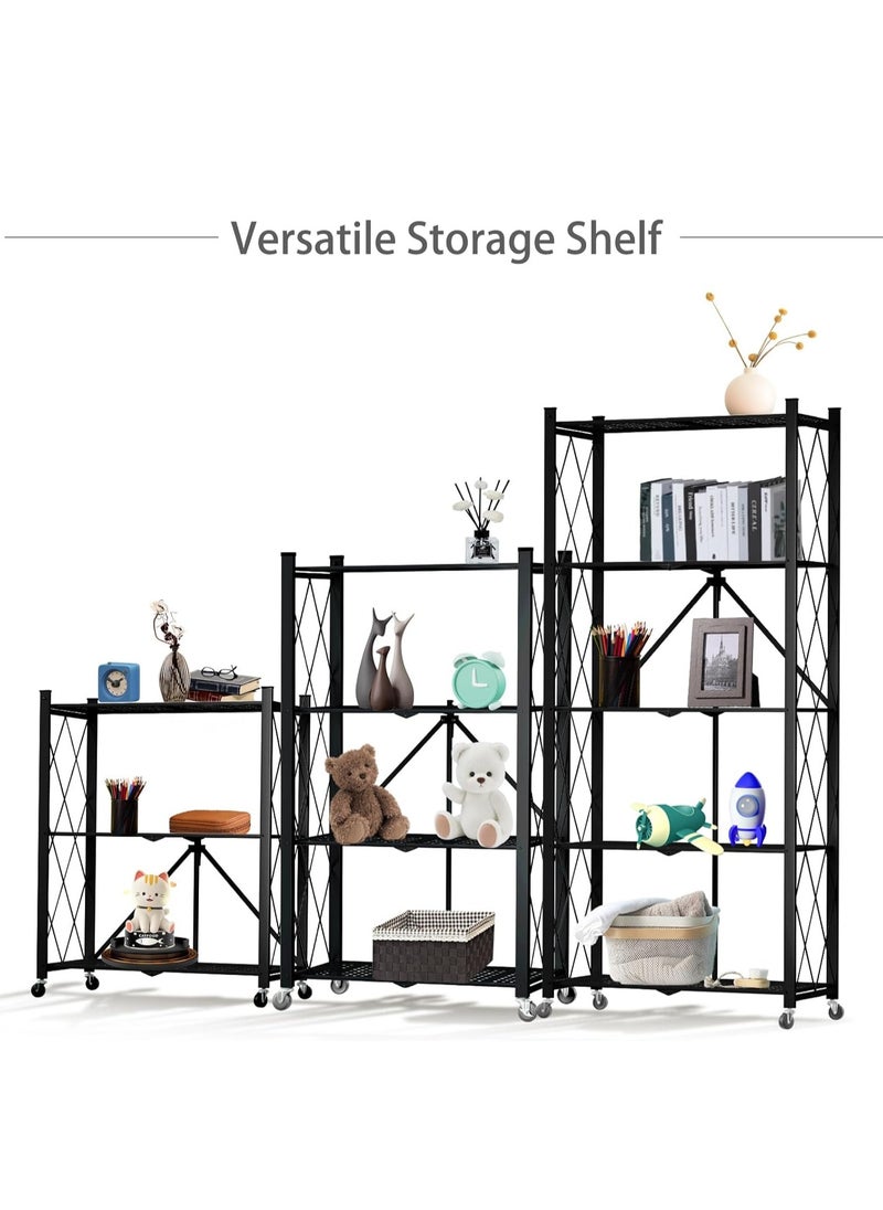 5 Tier Foldable Storage Shelves with Wheels, Large Capacity Shelving Unit, Freestanding Metal Wire Shelf Rack, No Assembly Organizer Rack for Garage Kitchen, Basement, Pantry(Black)