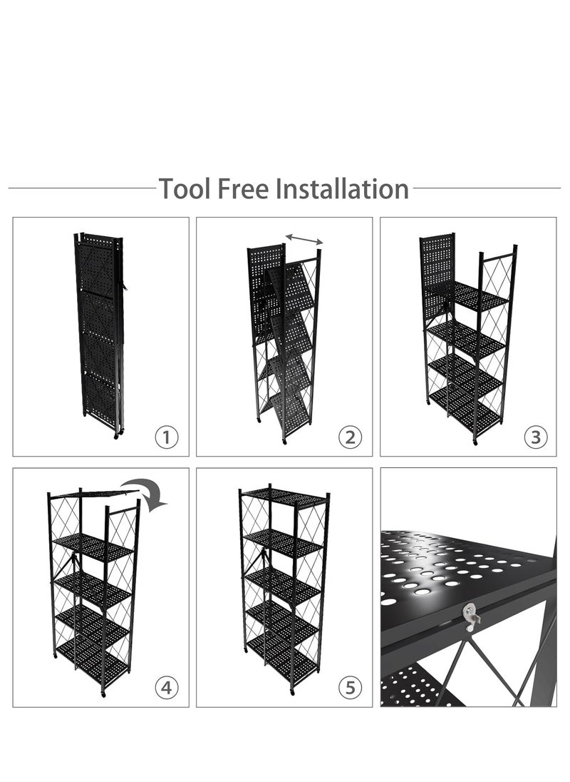 5 Tier Foldable Storage Shelves with Wheels, Large Capacity Shelving Unit, Freestanding Metal Wire Shelf Rack, No Assembly Organizer Rack for Garage Kitchen, Basement, Pantry(Black)