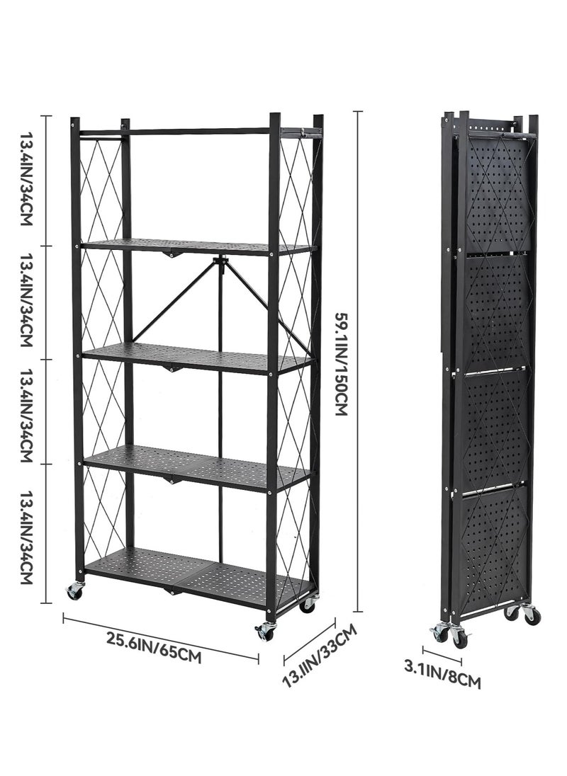 5 Tier Foldable Storage Shelves with Wheels, Large Capacity Shelving Unit, Freestanding Metal Wire Shelf Rack, No Assembly Organizer Rack for Garage Kitchen, Basement, Pantry(Black)