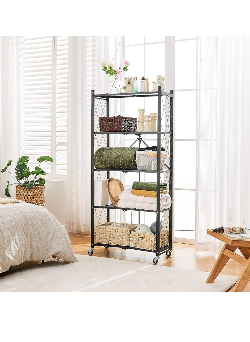 5 Tier Foldable Storage Shelves with Wheels, Large Capacity Shelving Unit, Freestanding Metal Wire Shelf Rack, No Assembly Organizer Rack for Garage Kitchen, Basement, Pantry(Black)