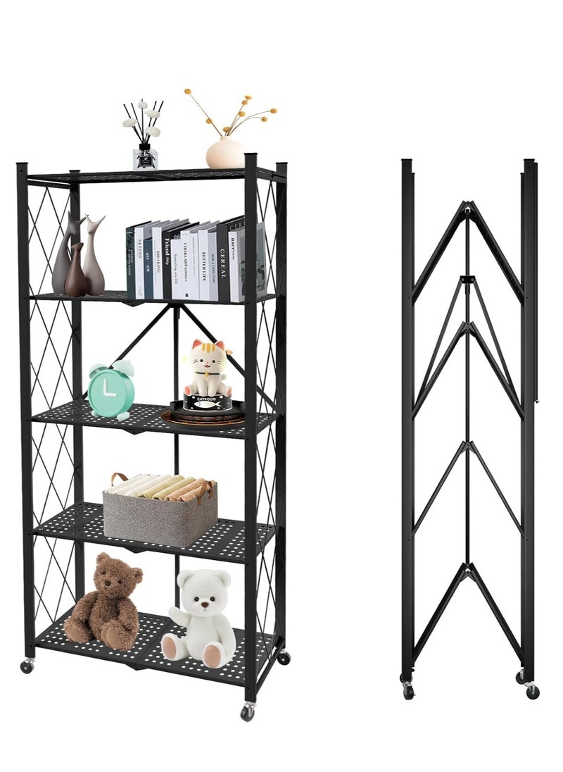 5 Tier Foldable Storage Shelves with Wheels, Large Capacity Shelving Unit, Freestanding Metal Wire Shelf Rack, No Assembly Organizer Rack for Garage Kitchen, Basement, Pantry(Black)