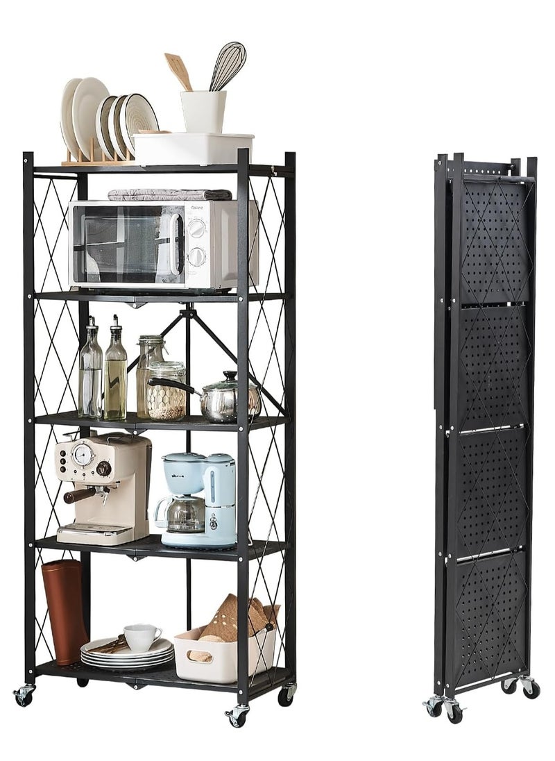 5 Tier Foldable Storage Shelves with Wheels, Large Capacity Shelving Unit, Freestanding Metal Wire Shelf Rack, No Assembly Organizer Rack for Garage Kitchen, Basement, Pantry(Black)