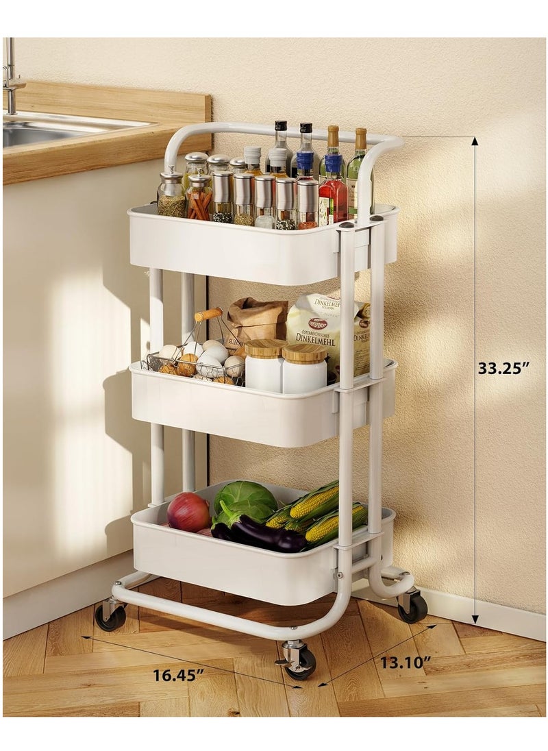 3 Tier Mesh Utility Cart, Rolling Metal Organization Cart with Handle and Lockable Wheels, Multifunctional Storage Shelves for Kitchen Living Room Office （White）